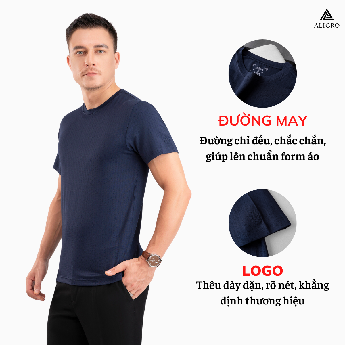 Áo phông cộc tay ô chấm màu navy ALGAPC074