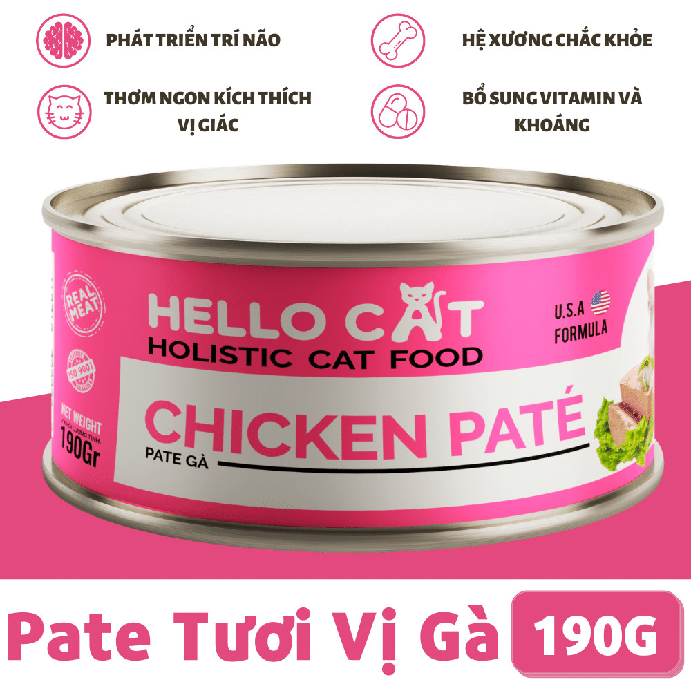 Pate Cho Mèo Mọi Độ Tuổi Hương Vị Gà - Hello Cat Chicken Pate 190G (Combo 10 Lon)