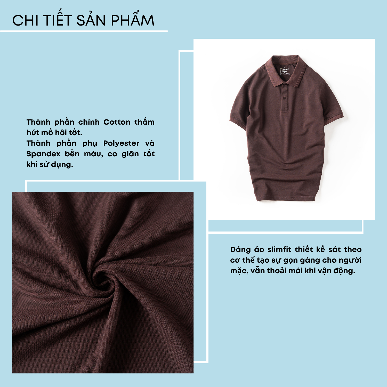 Áo thun có cổ nam màu nâu phối viền chìm ADINO vải cotton polyester mềm dáng slimfit công sở trẻ trung AP87