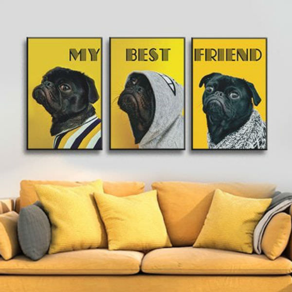 Bộ 3 Tranh Ép Gỗ MDF Treo Tường Hình Thú "Chú Chó Pug" W509