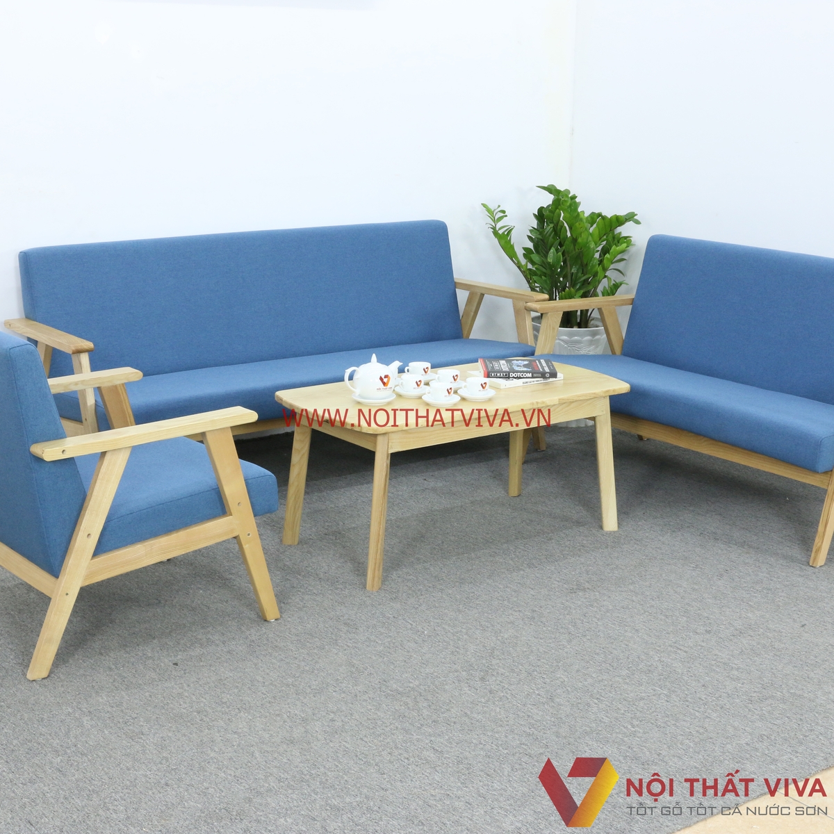 Bộ Sofa Văng Gỗ Sồi Nga Bọc Nỉ Màu Xanh Dương Đơn Giản Hiện Đại Giá Rẻ