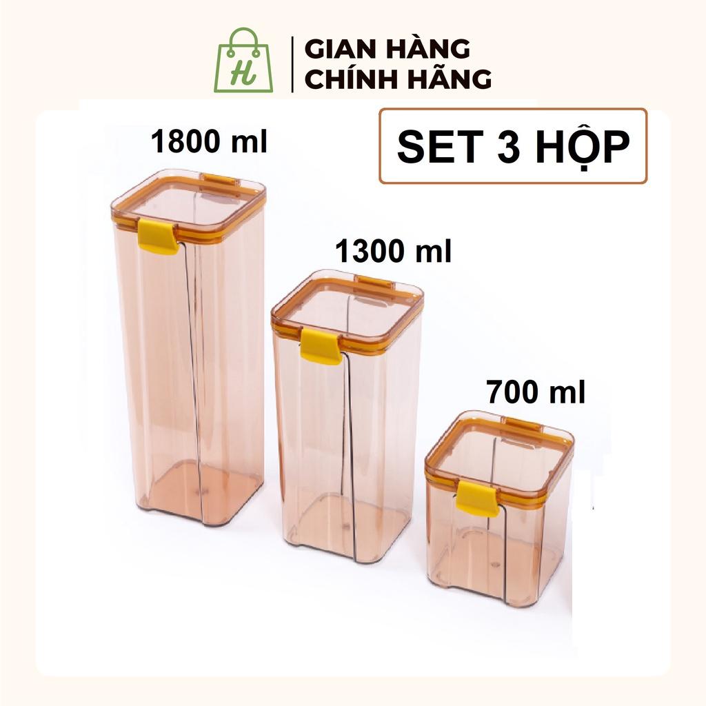 Bộ 3 hộp đựng thực phẩm khô nắp cài kiểu Nhật màu nâu vàng trong suốt tiện dụng