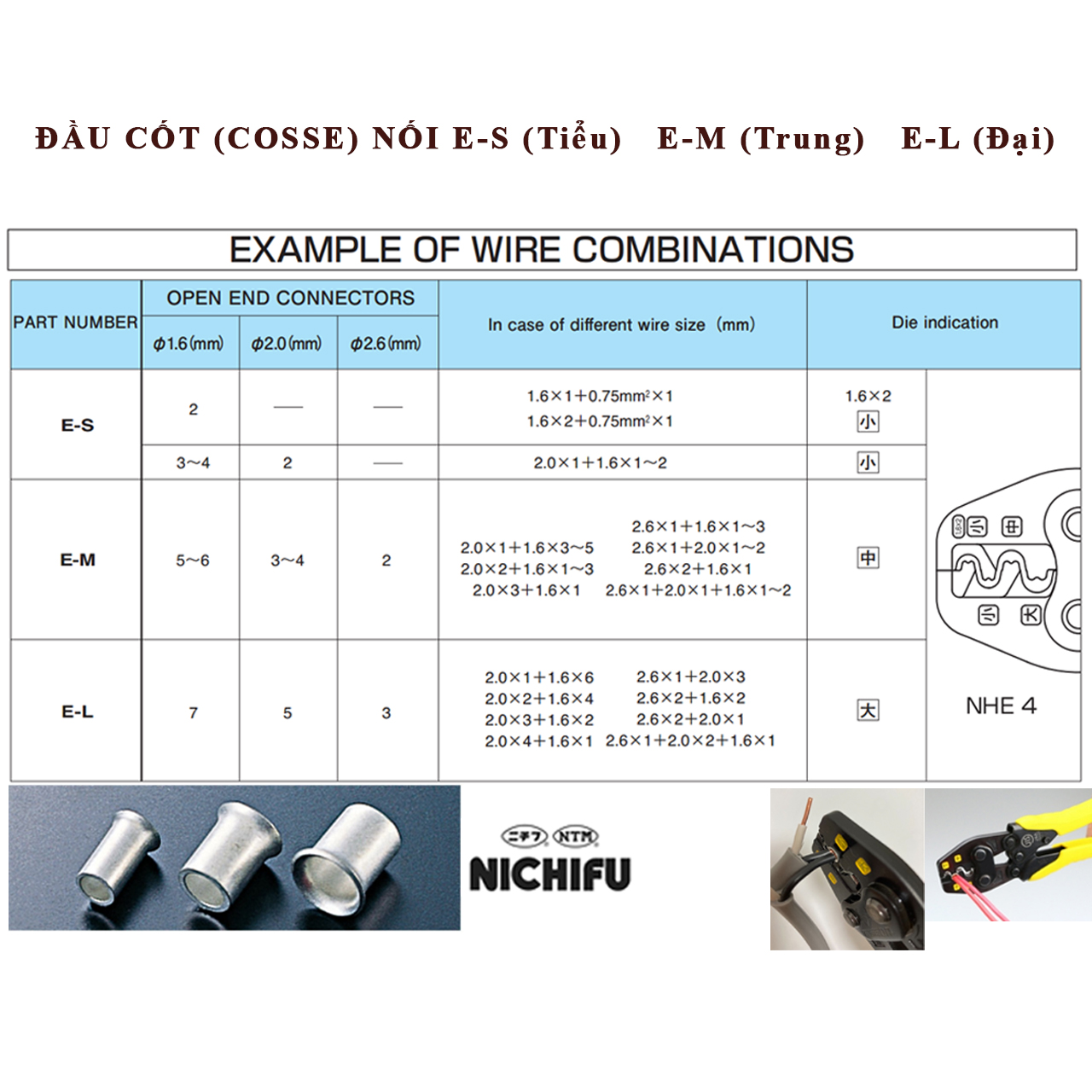 Đầu cos Nichifu E-L, Đầu cos nối dây điện E-L, Đầu cos loại Đại Nichifu Nhật Bản