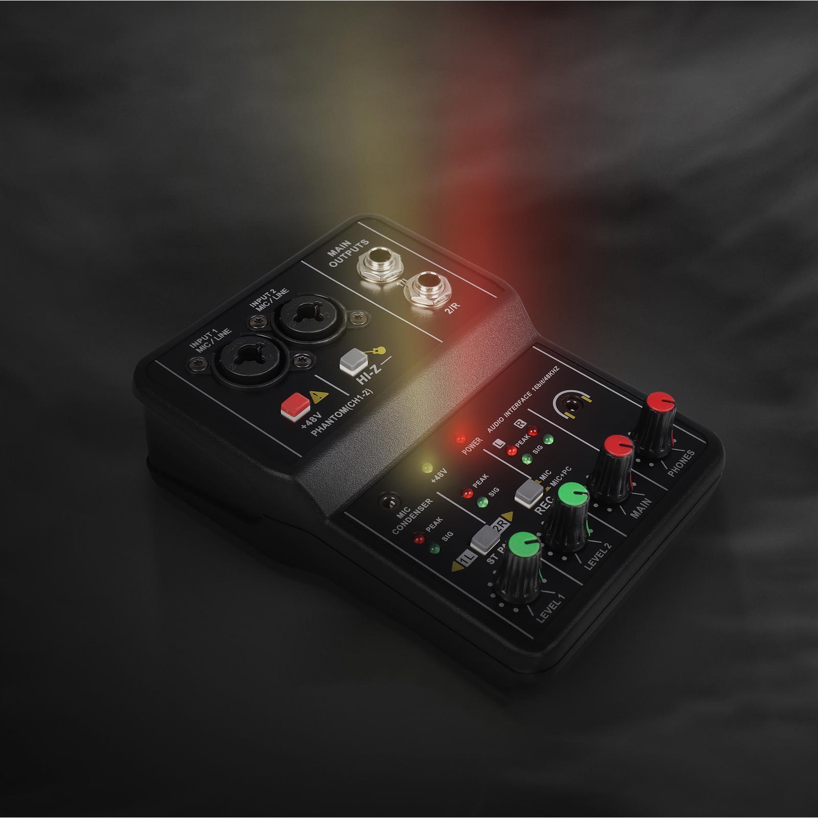 USB Audio Interface, Audio Mixer, 2 Channel with 48V Power, 16Bit/49 KHz Low Latency Plug and Play for Recording Podcasting