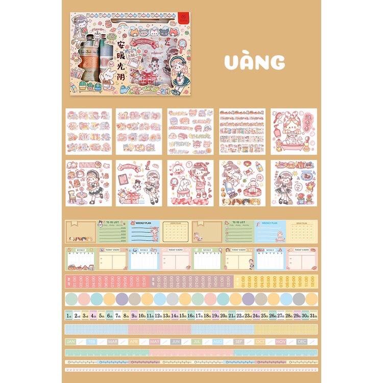 Hộp 19 Washi Tape Kèm 10 Miếng dán Sticker đẹp 10x10cm, kèm 1 bút cắt băng dính dán và ticker chuyên dùng giá siêu rẻ