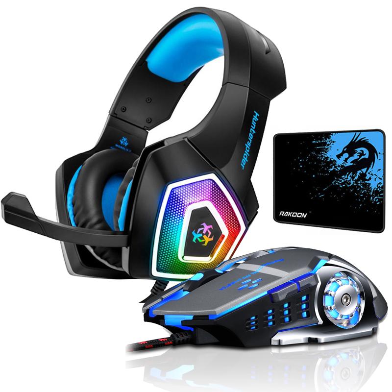 Hunterspider Stereo Tai Nghe Chơi Game Casque Tai Nghe Âm Thanh Vòm Có Mic LED Cho PS4 PC + Tặng Chuột Chơi Game + chuột Miếng Lót