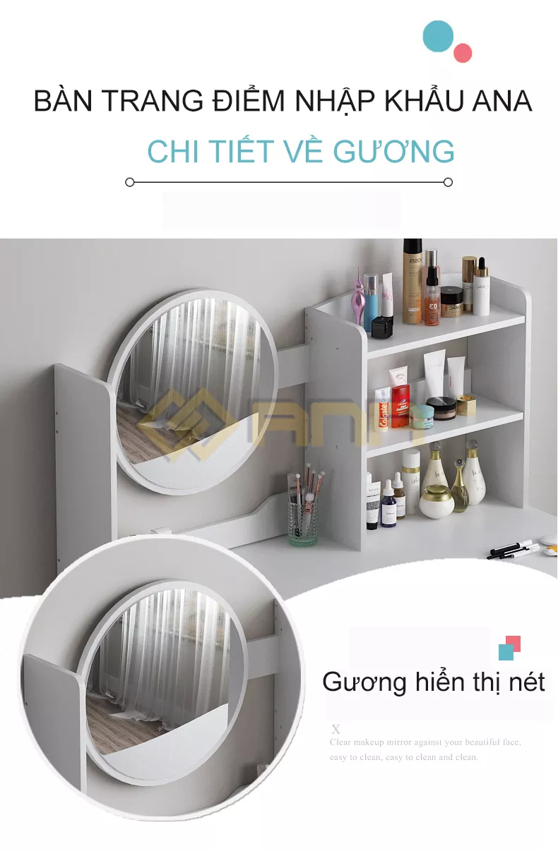 Bàn Trang Điểm có đèn ANA Có Kệ Để Đồ Tiện Lợi Chân Gỗ Tiện To 5cm Cho Cô Nàng Yêu Phong Cách Bắc Âu - Mã AK01