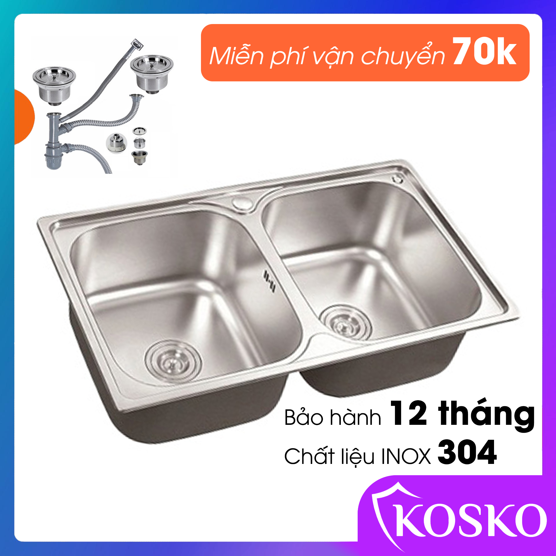 Bồn rửa chén inox 304 KOSKO, chậu rửa chén bát 78X43cm lắp được nhiều loại vòi nước rửa chén