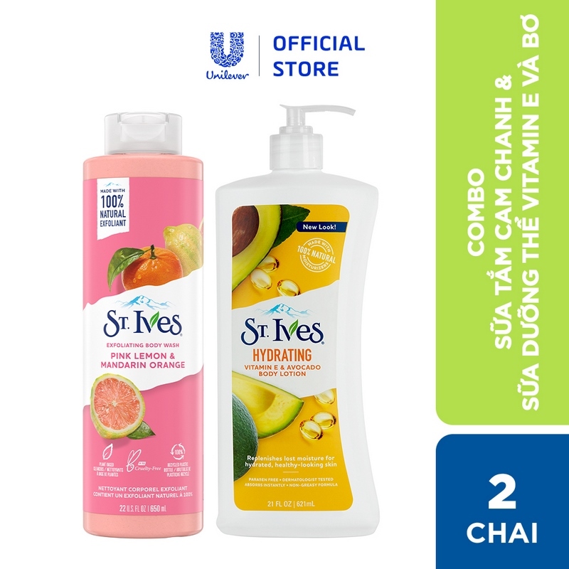 Combo Sữa tắm St.ives Cam chanh 650ml và Sữa dưỡng thể St.Ives E và bơ 621ml