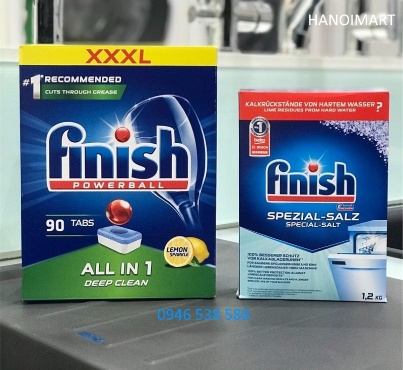 Combo 90 Viên rửa bát Finish All in 1 max + 1.5kg Muối rửa bát chén Finish