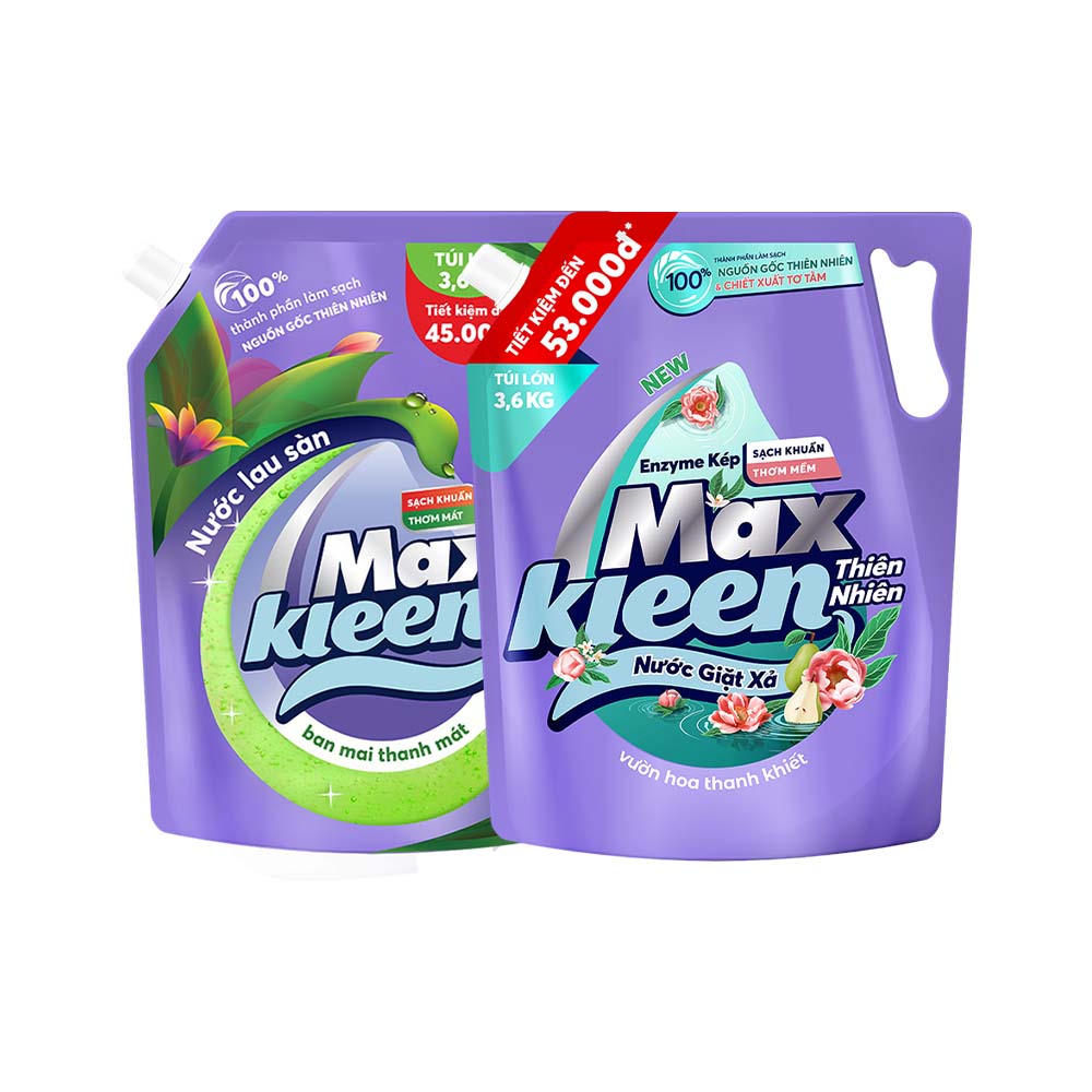 Combo Túi Nước Lau Sàn 3.6kg Ban Mai Thanh Mát + Túi Nước Giặt Xả MaxKleen 3.6kg Thiên Nhiên