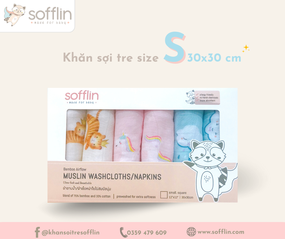 Combo 6 khăn sữa sợi tre Sofflin (Thái Lan) size S 30x30 cm