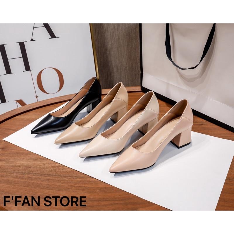 Giày Mũi Nhọn Gót Vuông Da Mềm Gót Mềm - Màu Đen Be Hồng Trắng FFAN STORE