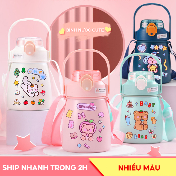 Bình Giữ Nhiệt Uống Nước Nóng Lạnh Lõi Inox304 Dung Tích 1000ml Màu Pastel Có Tặng Kèm Set Hình Dán 3D Đáng Yêu