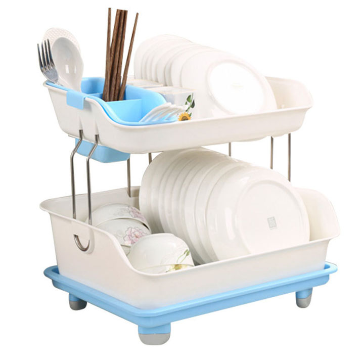 Giá úp bát kèm ống đũa bằng nhựa cao cấp thiết kế 2 tầng với khay hứng nước xoay mọi hướng, cho không gian bếp luôn khô ráo, thoáng đãng - Kệ úp chén đĩa 2 tầng