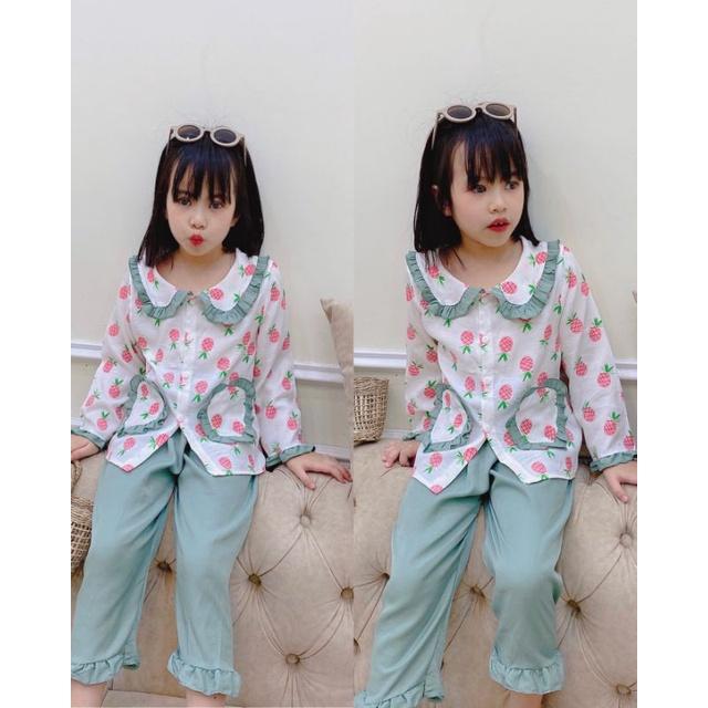 Bộ Pijama Dài Tay Chất Đũi Cúc Dọc Túi Trái Tim Bé Gái