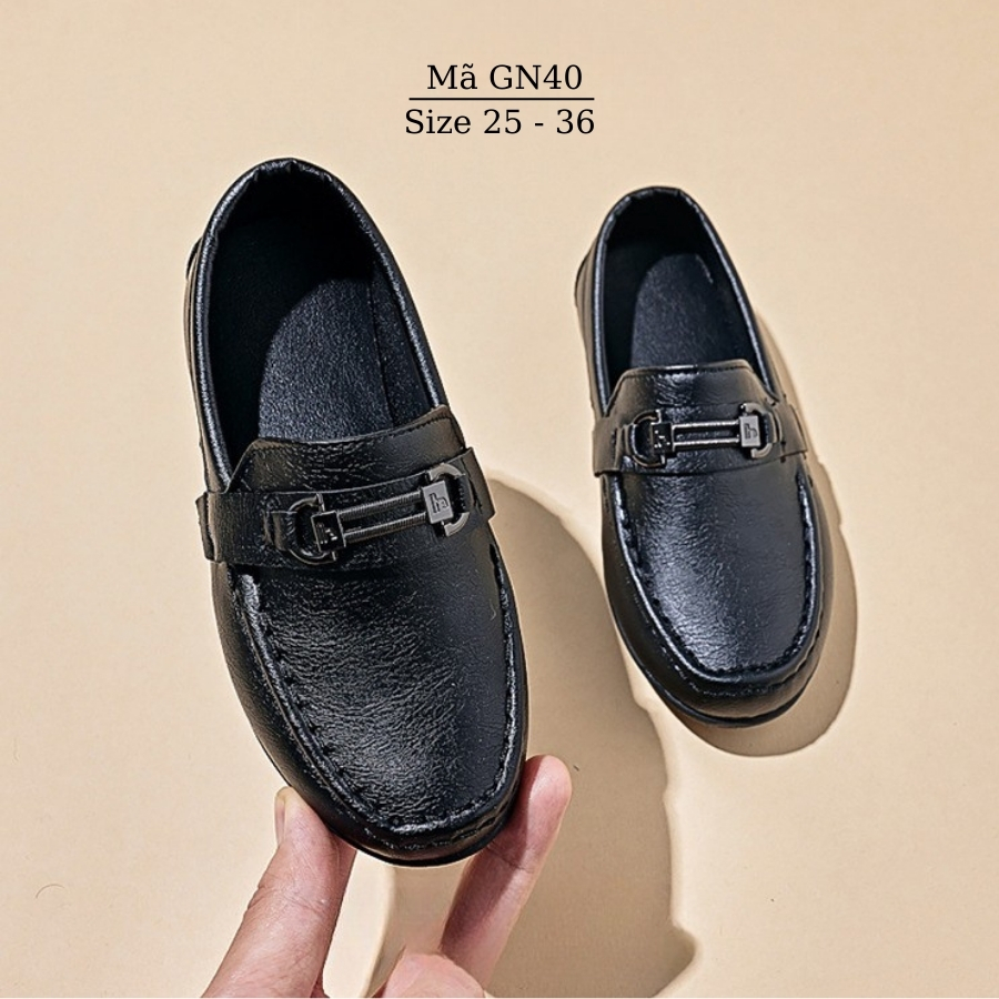 Giày lười bé trai, giày Moca màu đen/trắng trẻ em học sinh nam 2 - 8 tuổi mặc vest đi tiệc phong cách sang trọng lịch sự NHÍM SHOP GN40