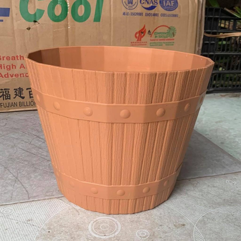 Chậu Nhựa Tròn Kiểu Dáng Thùng Gỗ, Chậu Để Bàn màu vàng