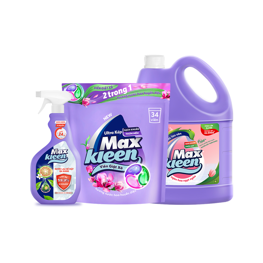 Combo Túi Viên Giặt Xả MaxKleen Hương Huyền Diệu + Chai Nước Lau Sàn 3.6kg Ngàn Hoa Ngọt Ngào + Chai Nước Lau Bề Mặt Đa Năng