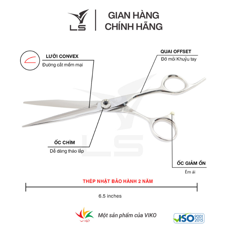 Kéo cắt tóc LS lưỡi thẳng quai offset vênh đỡ ngón cố định FA13/6.5