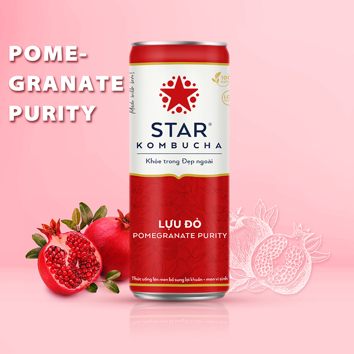 Thùng 12 lon thức uống lên men STAR KOMBUCHA Lựu Đỏ / Pomegranate Purity (250ml/lon)