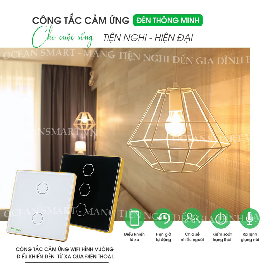 Công Tắc Thông Minh Wifi Hunonic, Công Tắc Điều Khiển Từ Xa Qua Điện Thoại Hình Vuông - HNSV