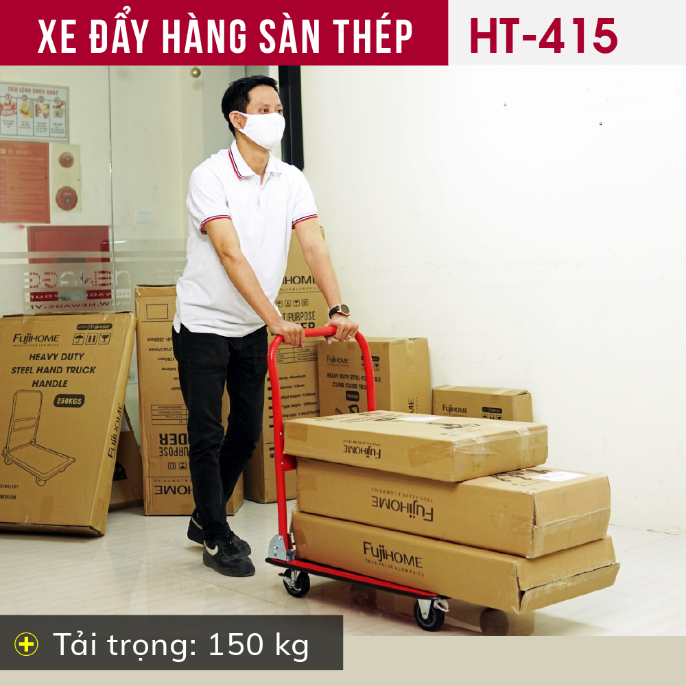 Hình ảnh Xe đẩy hàng 4 bánh gấp gọn sàn thép FUJIHOME nhập khẩu, xe kéo hàng xếp gọn, bánh xe có chốt hãm - hàng chính hãng