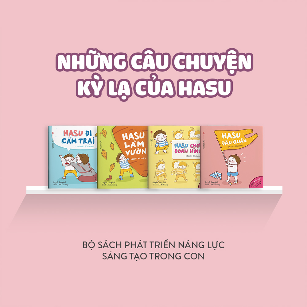 Combo 4 cuốn truyện tranh Ehon Nhật Bản - Những câu chuyện kỳ lạ của Hasu (Hasu chơi đoán hình, Hasu đầu quần, Hasu đi cắm trại, Hasu làm vườn) - Dành cho trẻ từ 4 - 6 tuổi