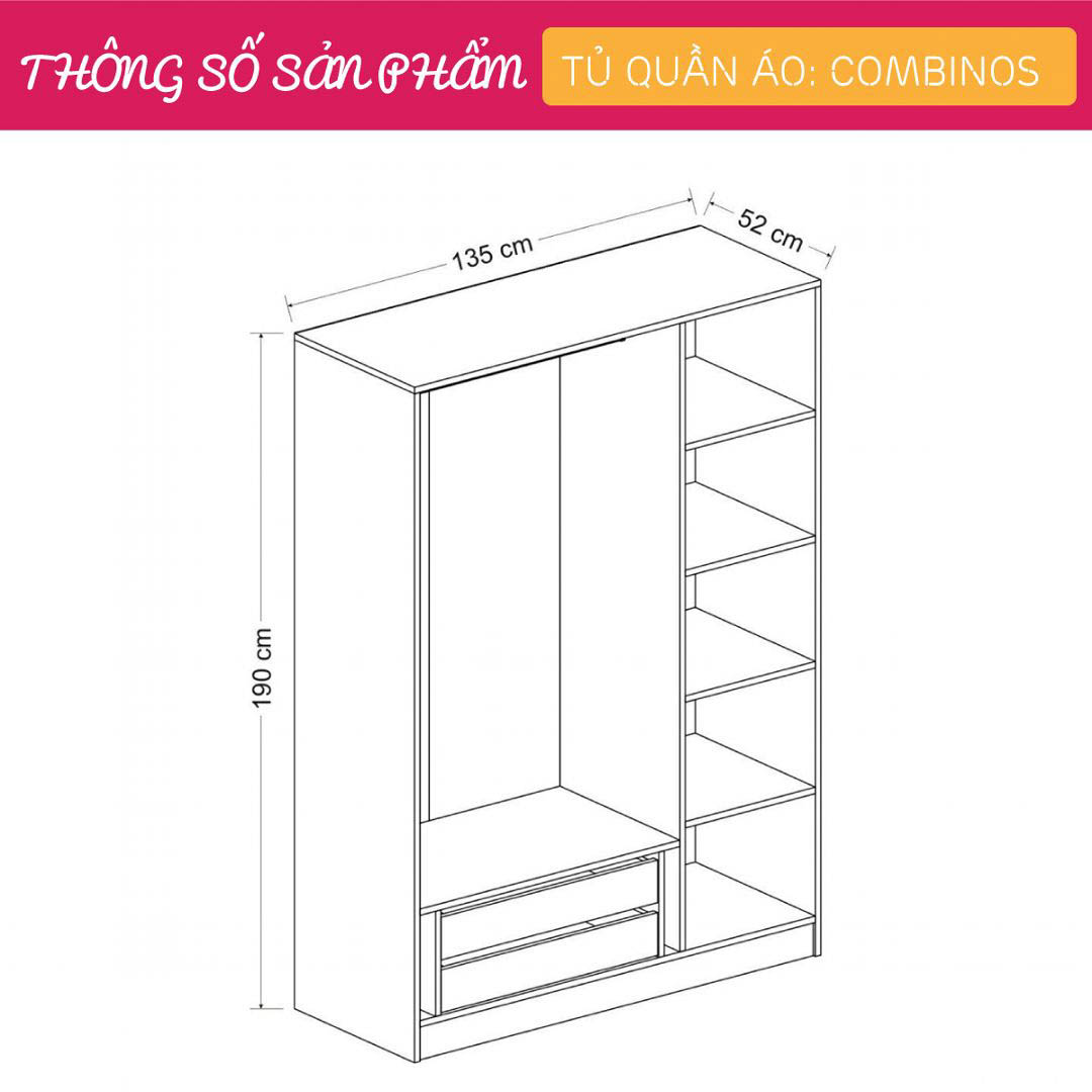 Tủ quần áo gỗ hiện đại SMLIFE Combinos  | Gỗ MDF dày 17mm chống ẩm | D135xR52xC190cm