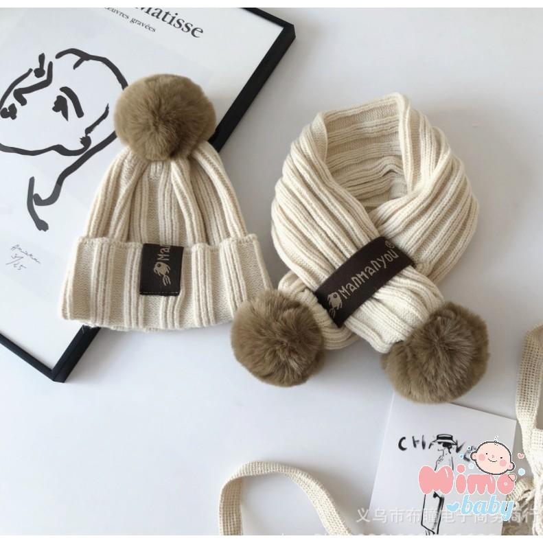 Set khăn mũ len trẻ em đính bông lớn len sọc dọc