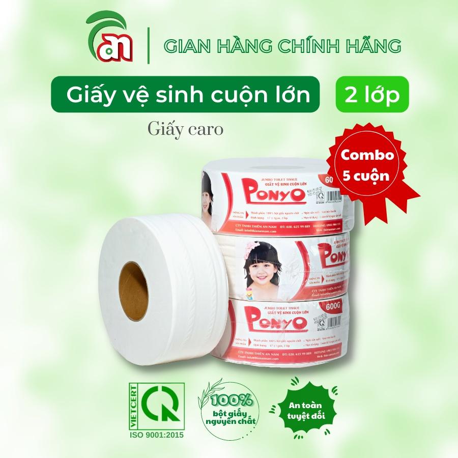Combo 5 lốc Giấy vệ sinh cuộn lớn PONYO JB600 2 lớp chất lượng cao lụa trơn 600g - Thiên An Nam paper