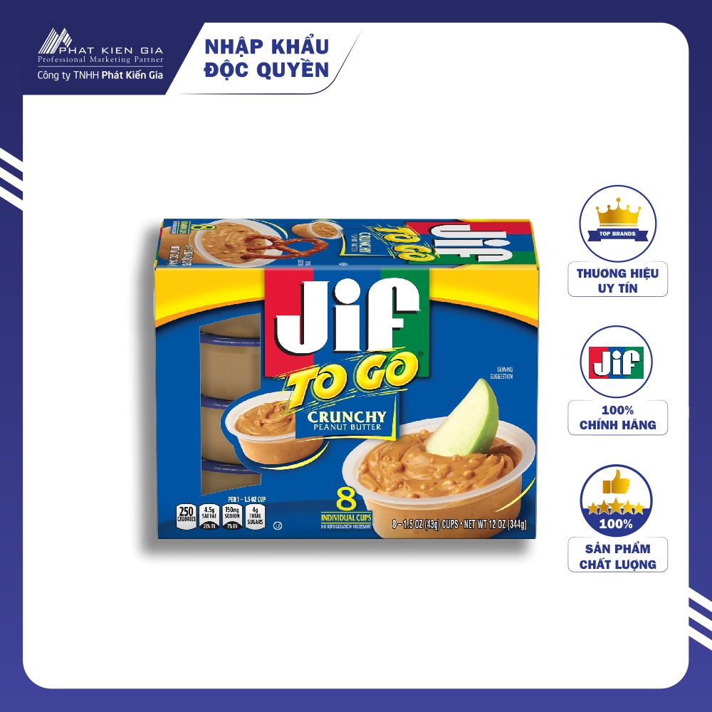 Bơ Đậu Phộng Hạt Jif To Go 344 g (8 cốc x 43 g) (Mỹ)