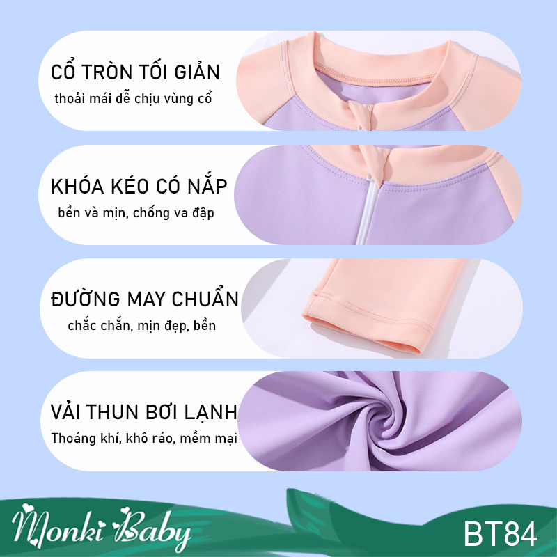 Áo tắm liền thân quần đùi dài tay bé gái, đồ bơi một mảnh kín đáo cho trẻ em, thời trang xinh xắn, chất thun bơi lạnh mịn đẹp, co giãn cao | BT84