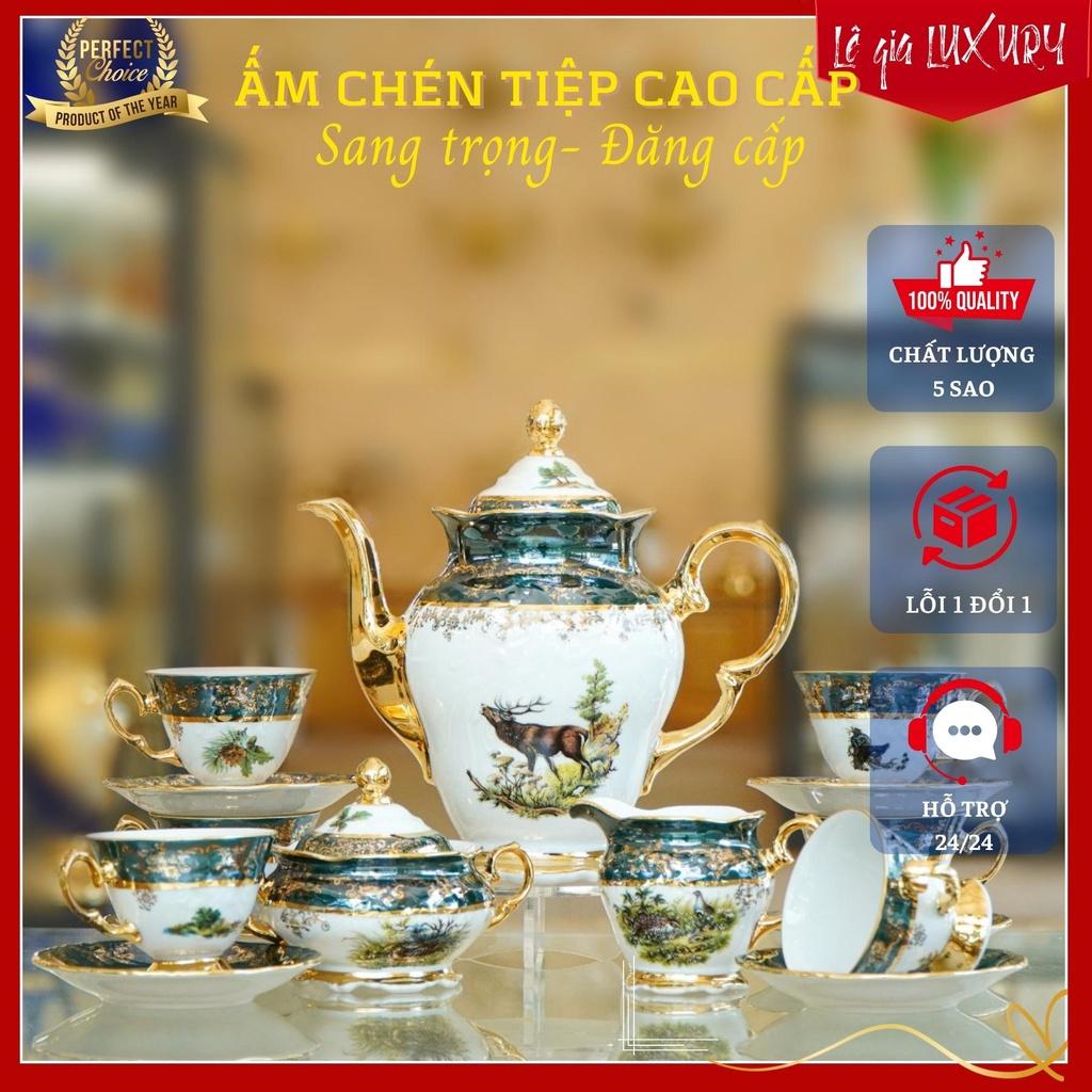 Bộ ấm chén uống trà cao cấp mạ vàng TÂN CỔ ĐIỂN Sang trọng, Gốm Sứ Tiệp Khắc, Ấm chén cao cấp mạ vàng 24K ACTN2