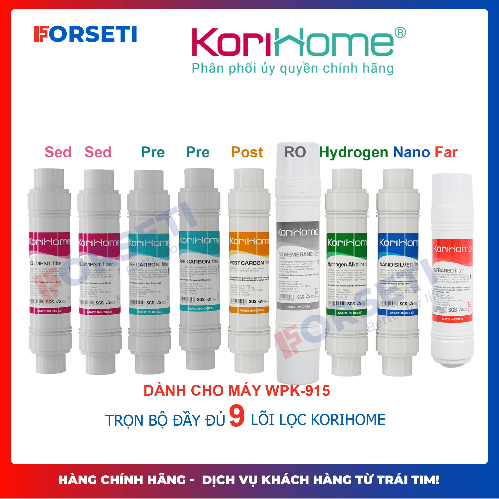 Combo 9 lõi lọc nước Korihome chính hãng cho máy lọc nước Korihome WPK-915,  WPK-910 nhập khẩu Hàn Quốc