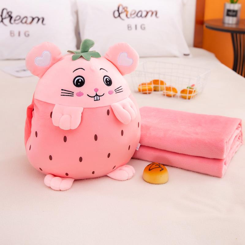 Gối Mền 3 Trong 1 Bông Siêu Mềm Chuột Thỏ Mặc Yếm Trái Cây