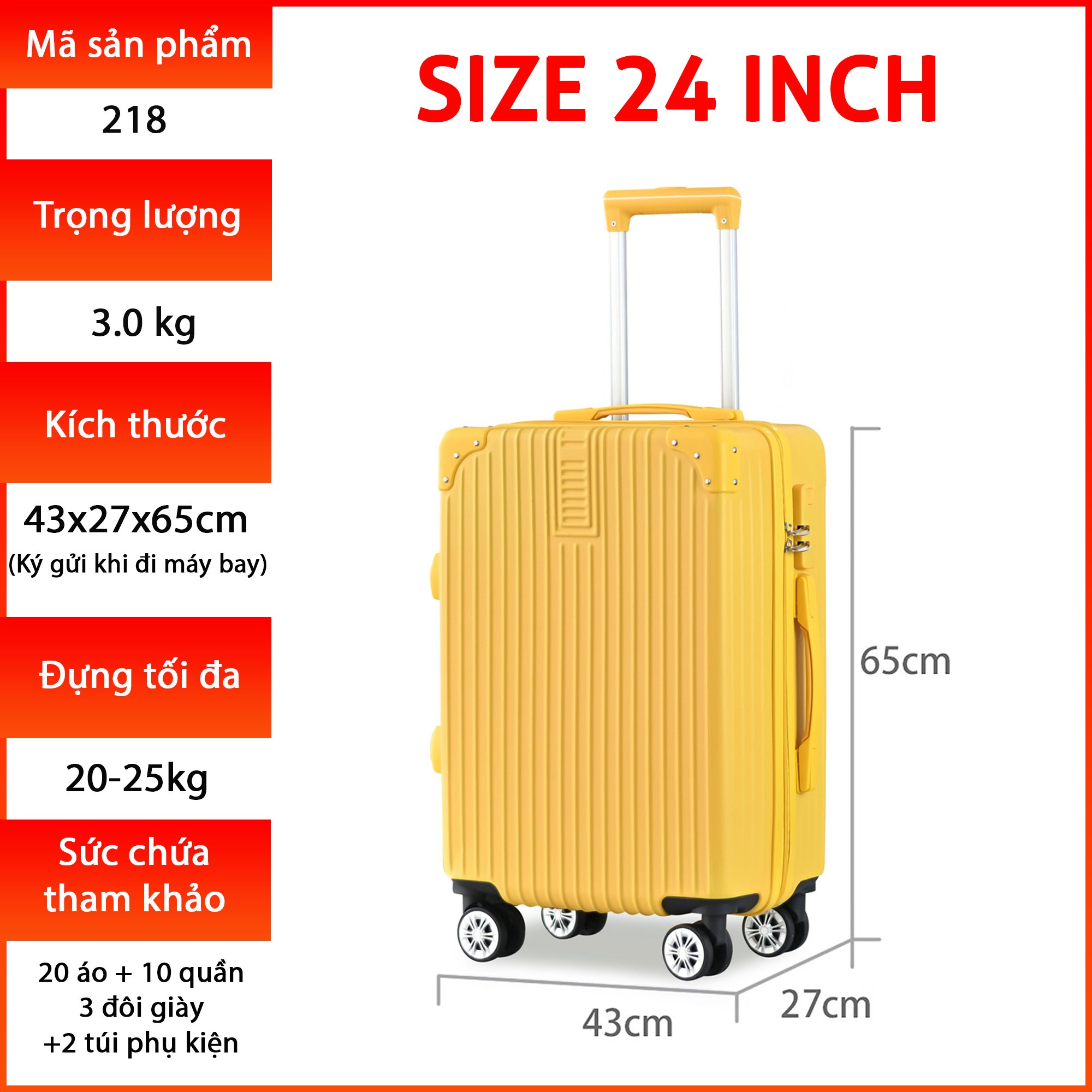 Vali du lịch Vali kéo cao cấp chính hãng Size 24inch KS-218 - Vàng