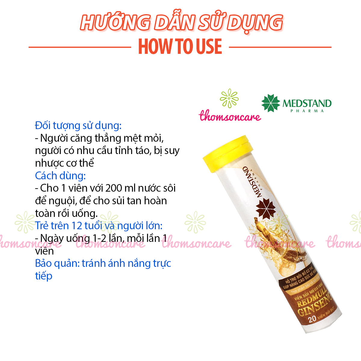 Viên sủi giảm mệt mỏi từ nhân sâm và vitamin - Redmull Ginseng medstand - Tuýp 20 viên tăng sức đề kháng