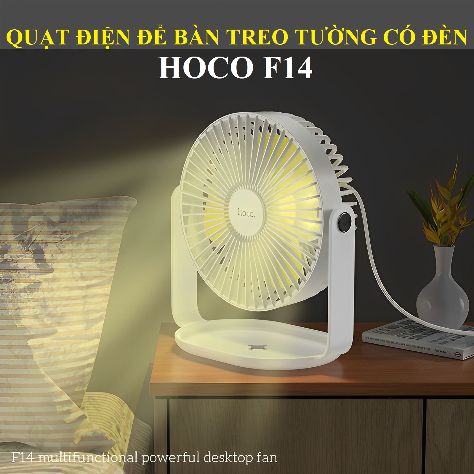 Quạt usb mini để bàn treo tường kiêm đèn ngủ dùng cho nhiều mục đích hoco F14 _ Hàng chính hãng