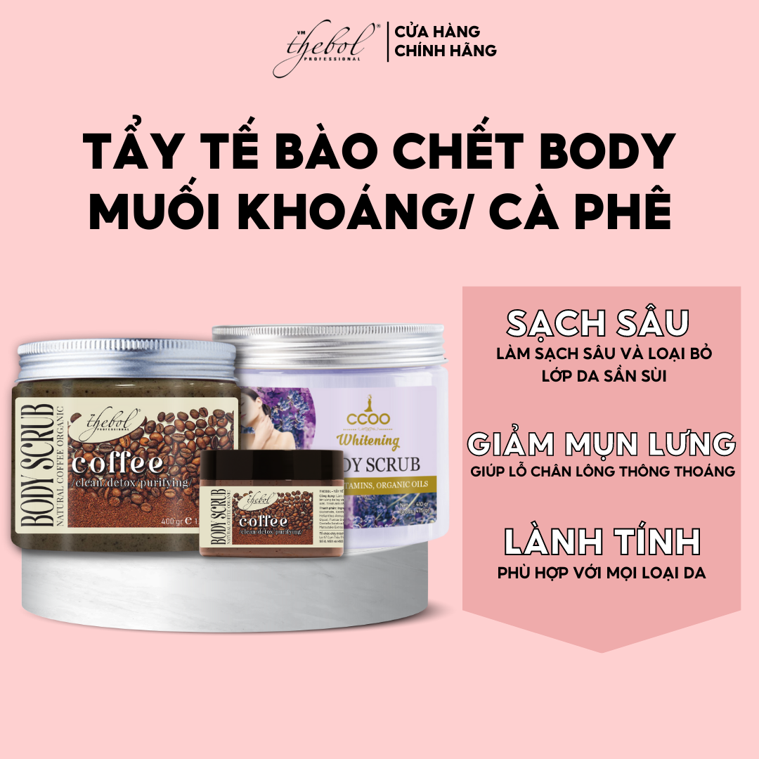 Tẩy Tế Bào Chết Body Thebol Cà Phê Muối Khoáng Giúp Dưỡng Da Trắng Sáng Mềm Mịn Toàn Thân, Giảm Mụn Mờ Thâm