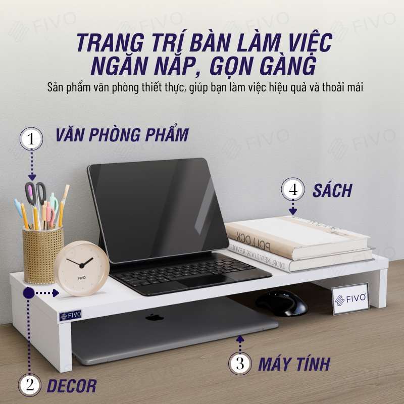 Kệ Máy Tính Gỗ Để Bàn FIVO FB25 Gỗ Dày Chống Ẩm, Gọn Gàng Góc Làm Việc, Nâng Chiều Cao Màn Hình, Bảo Vệ Đốt Sống Cổ