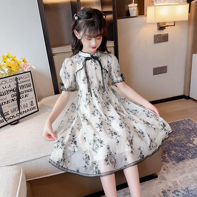 CHENGRUI Cô gái ăn mặc Midboy mùa hè 2023 mực vẽ sườn xám váy cô gái phong cách phương Tây cổ trang công chúa váy