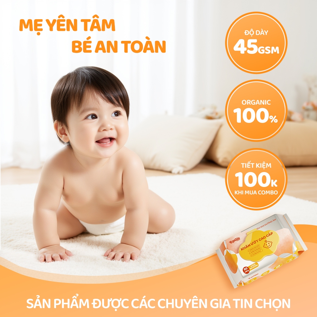 Khăn ướt TopGiaKids thùng 12 bịch an toàn, không cồn, không parabens, không mùi