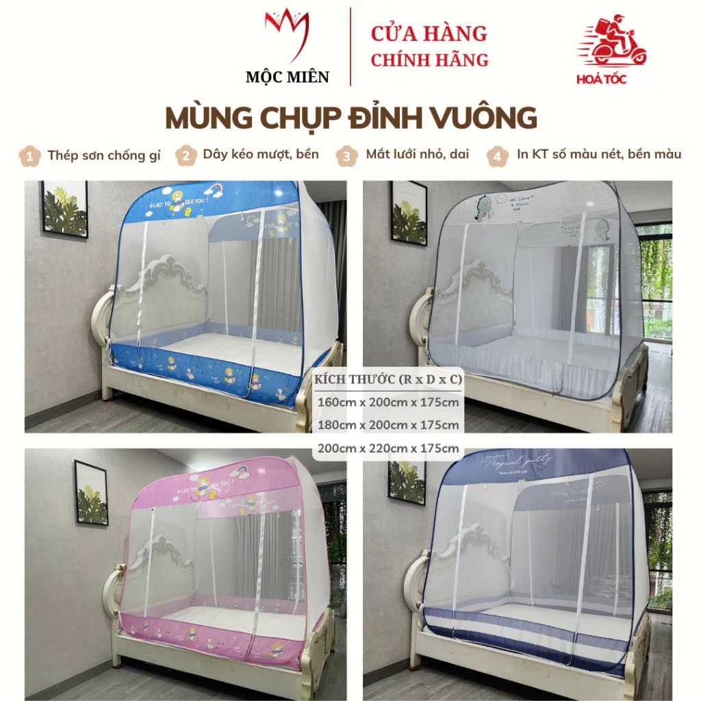 Màn Chụp , Mùng Chụp Cao Cấp Mộc Miên Đỉnh Vuông - Kích Thước 2,2mx2m ( Xám Khủng Long )