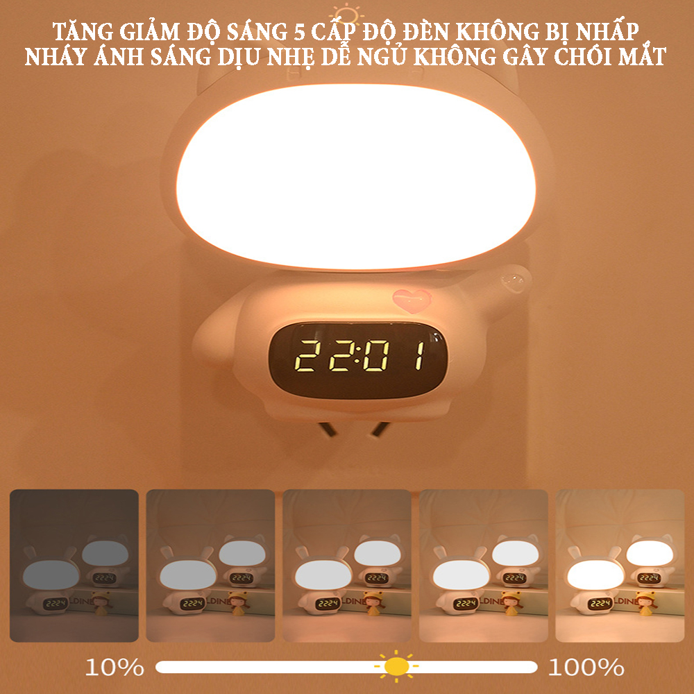 Đồng hồ xem giờ có đèn ngủ hình con thỏ dễ thương ánh sáng 3 màu, tăng giảm điều chỉnh độ sáng 5 cấp độ, pin sạc lithium 300mA