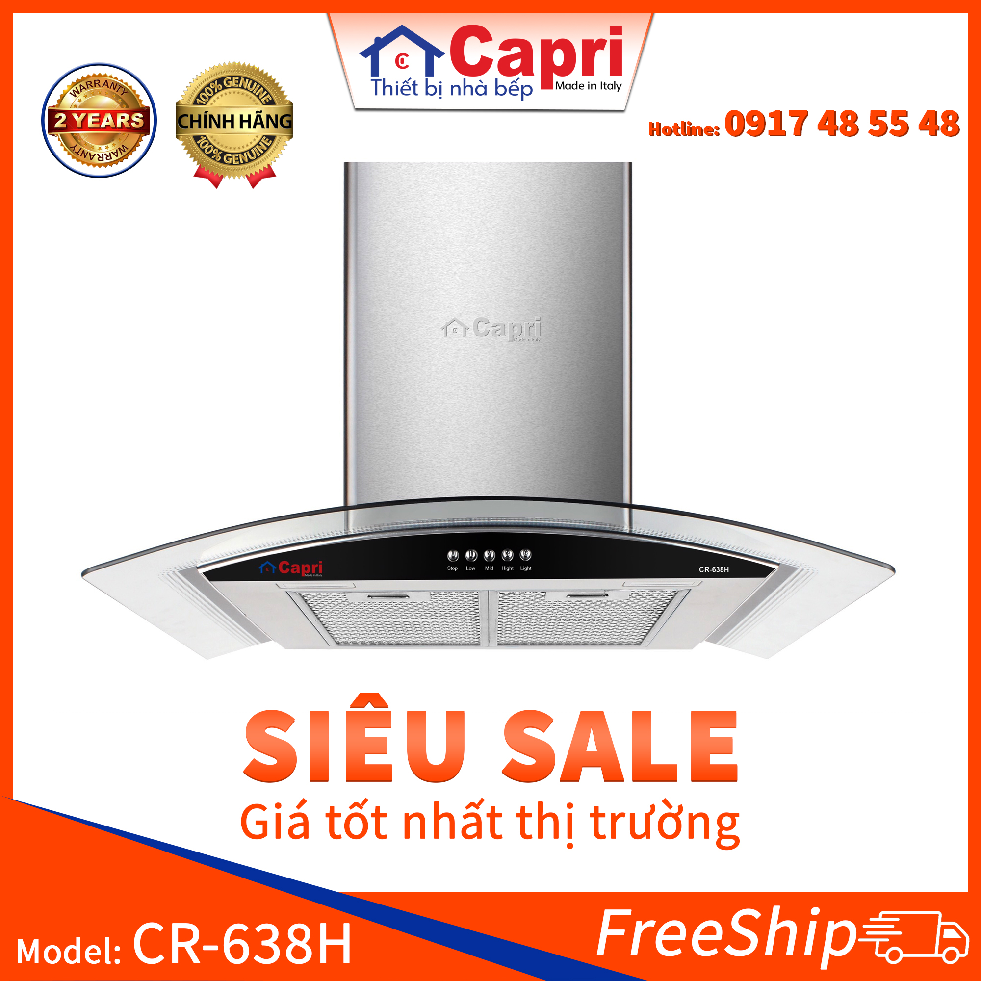 Máy Hút Mùi Hiện Đại Capri CR-638H - Hàng Chính Hãng, Sản Xuất Theo Tiêu Chuẩn Châu Âu, Động Cơ Siêu Êm, Khử Mùi Trực Tiếp, Bền Đẹp, Sang Trọng