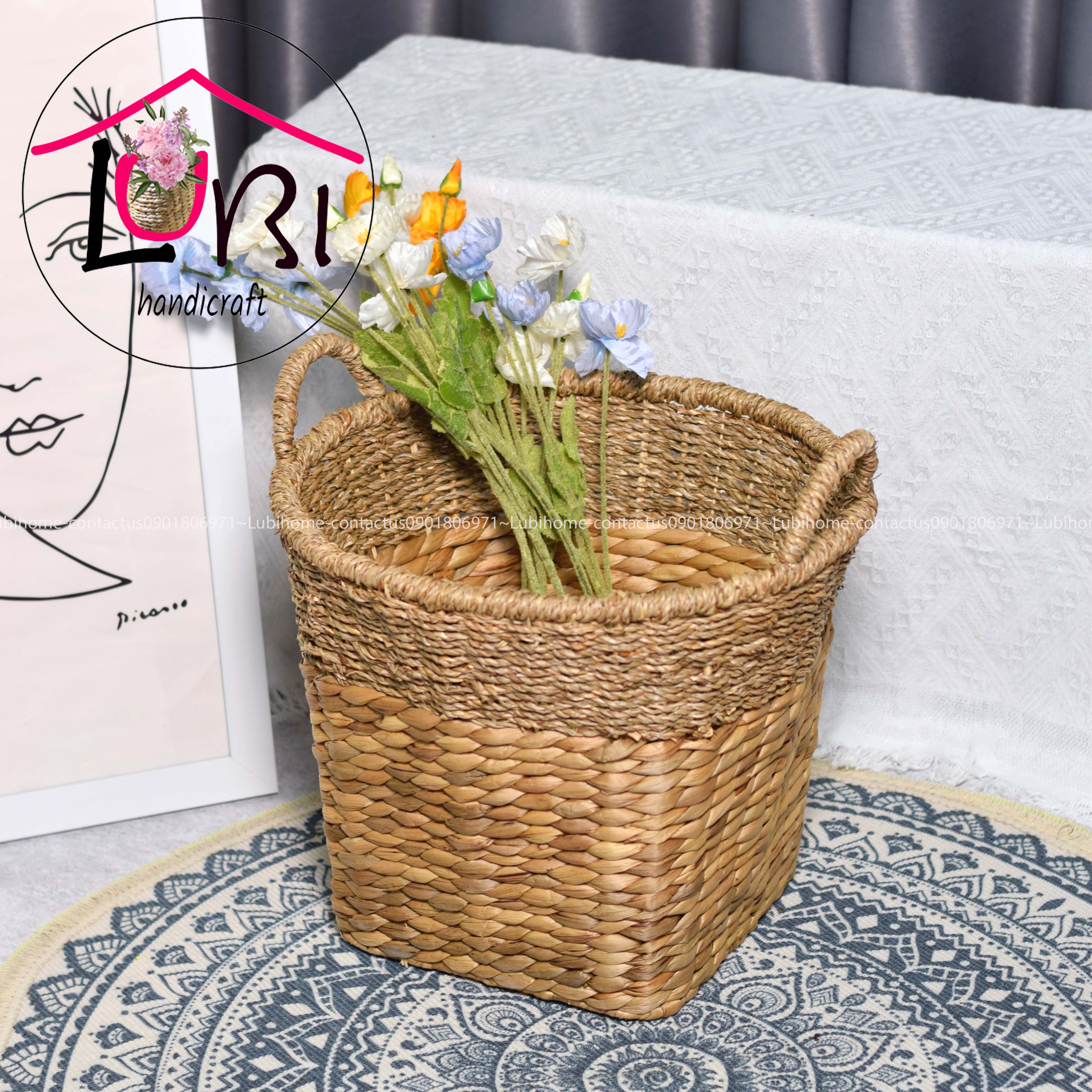 Lubihandicraft - Sọt đựng đồ lục bình kêt hợp cói miệng tròn đáy vuông - xinh xắn