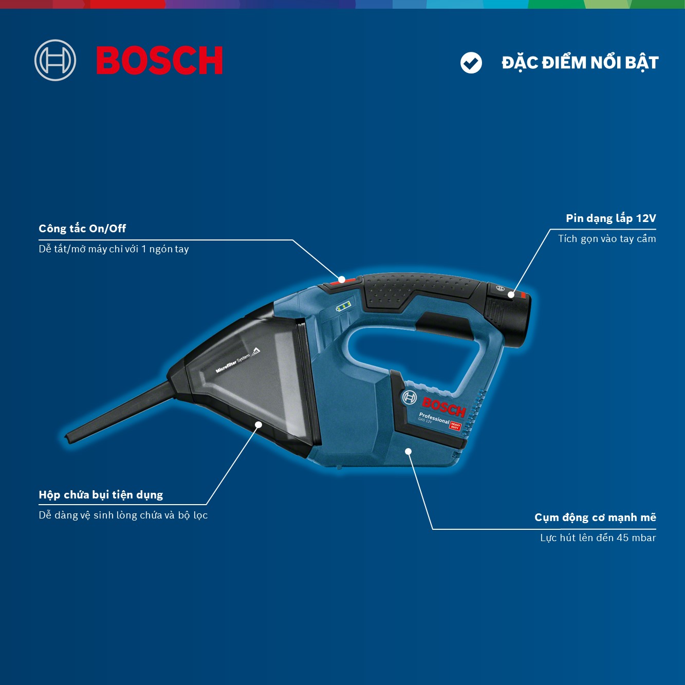 Máy hút bụi dùng pin GAS 12V Solo Bosch - Hàng chính hãng (Không kèm pin sạc)