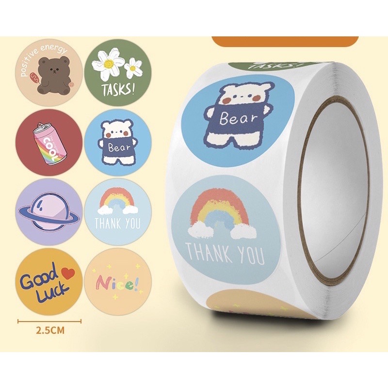 Cuộn 500 nhãn sticker Bear goodluck trang trí