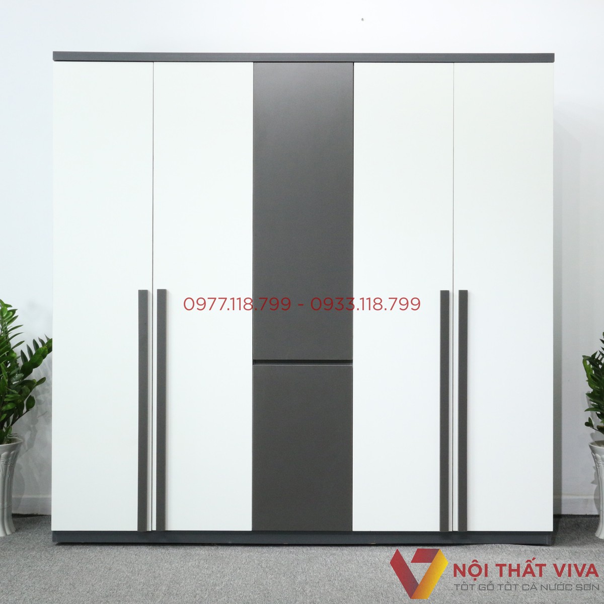 Tủ Quần Áo 5 Cánh Gỗ MDF Màu Xanh Đen Cửa Trắng Hiện Đại